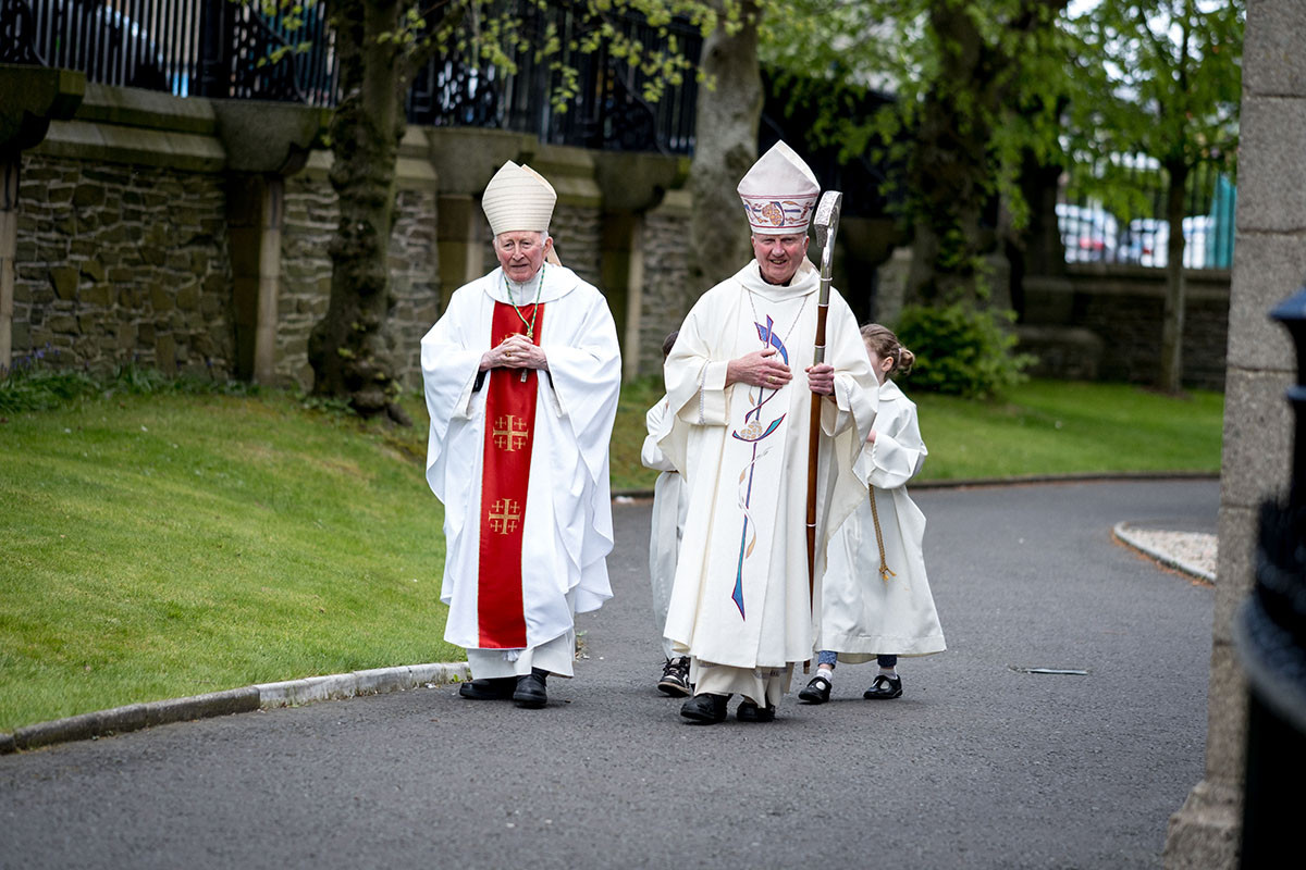 Bishop Donal McKeown walking outside St Eugene’s Cathedral, Derry, during Silver Jubilee celebrations